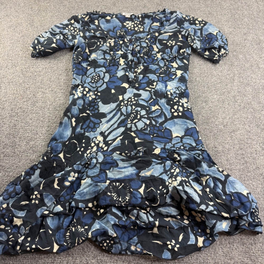 Moschino Cheap and Chic Dress 8 Blue Floral Silk Puff Sleeve Ruffle Womens